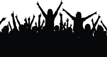 Silhouette crowd cheering, raised hands celebration, concert audience vector, people group excitement, festival energy, unity, black outline illustration, stock art