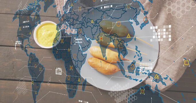 On start, translucent world map fading over gray-blue plate with corn dogs, visualizing global data