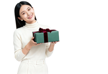 Smiling Asian Woman Holding Christmas Gift on White Background