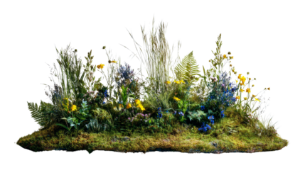 Enchanting miniature landscape featuring vibrant wildflowers, delicate ferns, and verdant moss on