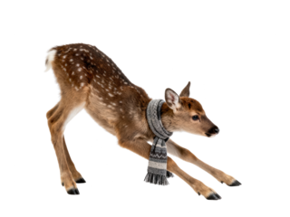 Cute Fawn in Winter Scarf Stretching on White Background