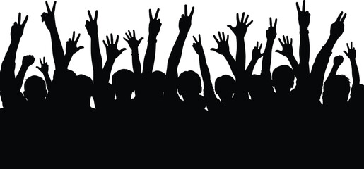 Silhouette crowd vector, raised hands illustration, peace sign gesture, protest unity concept, black people silhouettes, social movement art, celebration scene