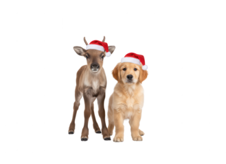 Reindeer Fawn and Golden Retriever Puppy in Santa Hats Isolated on White