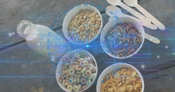 Grid lines initiating scanning over four bowls of cereals with labels, sparkles mapping coordinates