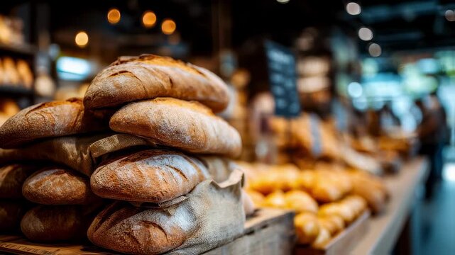 Artisan bread loaves stacked neatly on a counter in a bustling store with the foremost loaf in clear detail while other baked goods fade gently into the background.