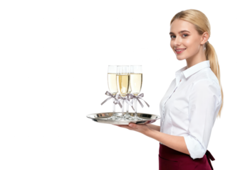 Smiling Waitress Serving Champagne Glasses with Ribbons on a Tray, Isolated on White