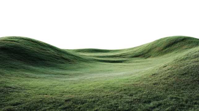 Undulating grassy hills against transparent field, serene landscape with rolling green terrain and