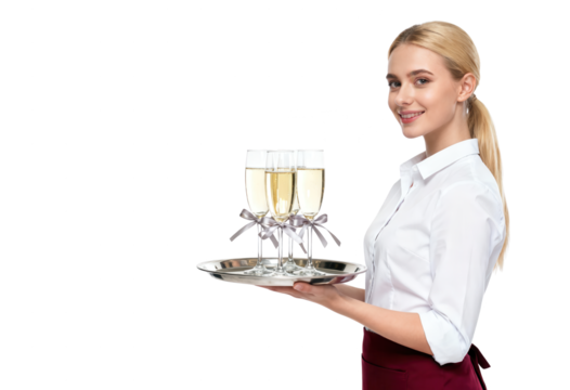 Smiling Waitress Serving Champagne Glasses with Ribbons on a Tray, Isolated on White