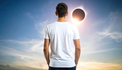 Man Watching Solar Eclipse in Sky with Concept, and Horizon.
