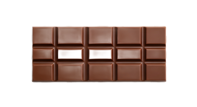 A single milk chocolate bar with two squares missing from the center, creating a gap and isolated on a clean white background