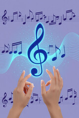 Captivating musical composition with hands gesturing toward a luminous treble clef, evoking creativity and artistic expression for music lovers