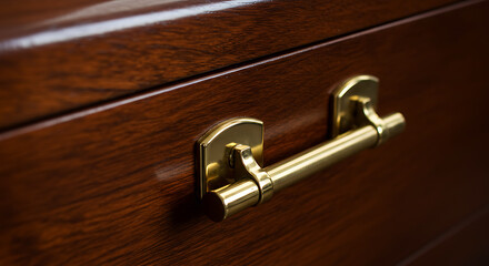 Obraz premium Gold-plated casket handle on dark wooden coffin