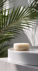 Round bar soap on a white tray, bathed in sunlight, with palm fronds