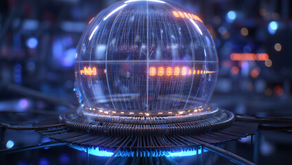 A futuristic glowing sphere with intricate circuitry and digital data streams, representing advanced technology and artificial intelligence