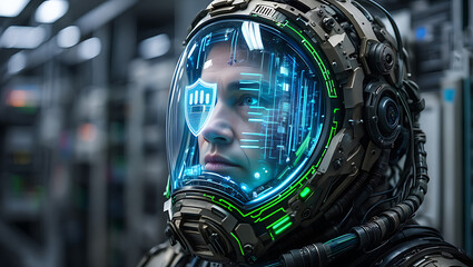 A futuristic astronaut wearing a hightech helmet with a glowing blue interface displaying a shield icon and digital data, set against a blurred industrial background