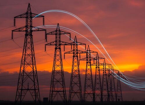 Towering electricity pylons march across a dramatic sunset sky with glowing energy trails