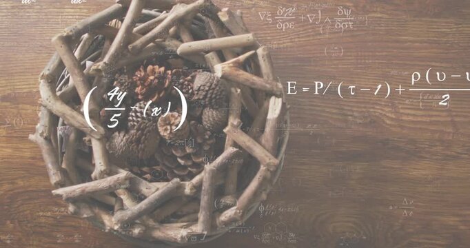 Fading in calculus equations chemical diagrams drifting over basket with pinecones showing science