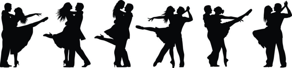 Silhouette dancing couples, ballroom dance poses, Latin choreography, romantic movement, elegant dancers, vector illustration, partner dance, artistic expression, graceful performance