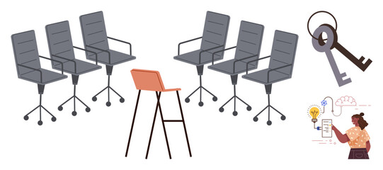 Office chairs arranged for discussion, a single orange chair symbolizing leadership, large keys signifying solutions, and a brainstorming woman. Ideal for teamwork, innovation, leadership