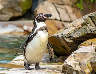 Naklejka premium A Humboldt penguin stands on rocks near water, looking upward