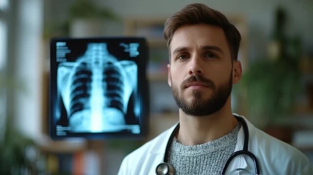 Doctor in Focus: A focused and confident doctor, clad in a white coat and stethoscope, gazes intently at the viewer with a radiograph of a chest in the background.