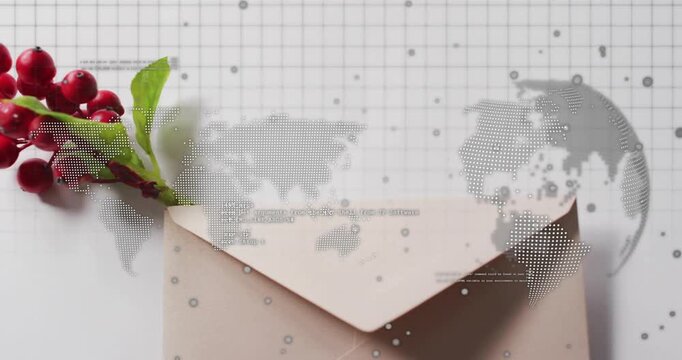 Envelope receiving red berry sprig after map overlay emerging, shifting to highlight global network