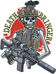 Human skeleton wearing military gear and helmet and holding assault rifle