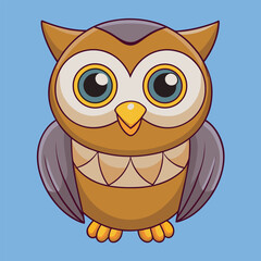 Cute cartoon owl with big eyes and brown feathers sitting on a blue background