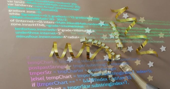 Translucent code overlay appearing over festive decorations and scrolling to reveal JS segments