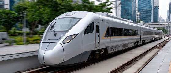 Naklejka premium A high-speed train stands ready at a busy city station, surrounded by tall buildings and travelers getting on and off