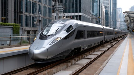 Naklejka premium A high-speed train stands ready at a busy city station, surrounded by tall buildings and travelers getting on and off