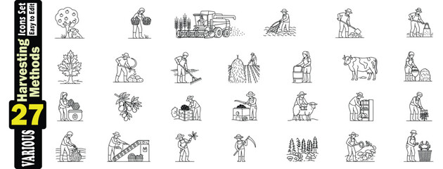 Harvesting Methods Icons Set (2). Agricultural Farm Work People Crops Fruits Vegetables, harvesting, farming, agriculture illustrations., 