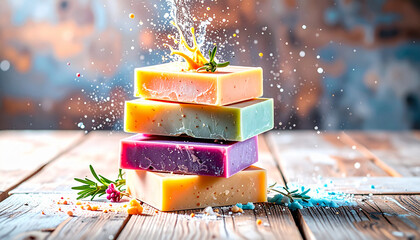 Stack of Vegan Skincare Soap Bars on Wooden Background. Vegan Lifestyle. Generated Image