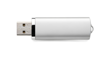 Sleek metallic USB flash drive presented as a plain object on a clean white background. This unbranded memory stick is isolated with no logo, text, or shadow for easy compositing