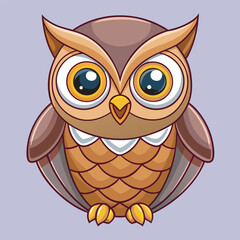 Cartoon owl with big eyes and brown feathers sitting on a light purple background