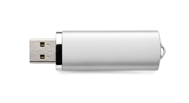 Sleek metallic USB flash drive presented as a plain object on a clean white background. This unbranded memory stick is isolated with no logo, text, or shadow for easy compositing
