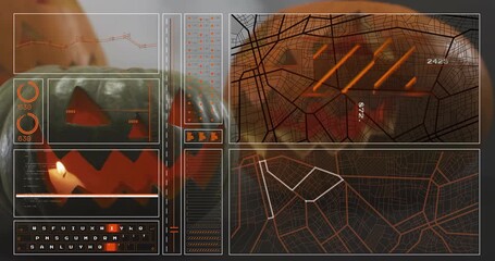 Green pumpkin glowing initiating HUD overlay updating graphs gauges maps fading out for data - Powered by Adobe