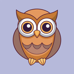 Cute cartoon owl with big eyes and orange feathers on a lavender background