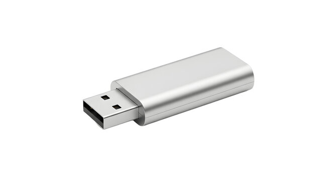 Minimalist silver portable data storage device with a plain design, isolated on a clean white background. Sharp detail with no shadow, logo, or text