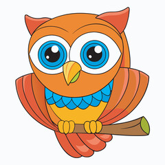 Cartoon owl with big eyes perched on a branch