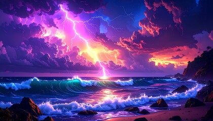Epic seascape with vibrant lightning storm