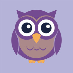 Adorable purple cartoon owl with big eyes on a light purple background