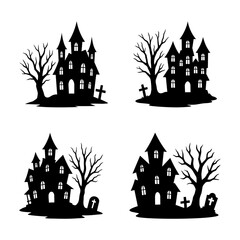 Halloween haunted castle vector template with scary trees and graveyard