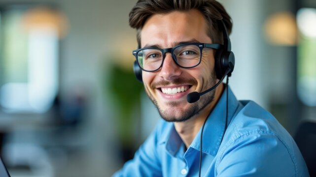 smiling caucasian man with glasses wearing headset in modern office. concept of customer support, communication, and professional service. business, corporate websites, brochure