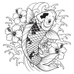 Artistic koi fish with flowers decorative illustration