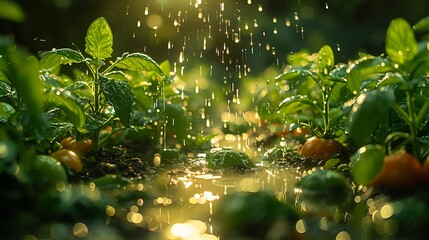 Nourishing rain gently kisses vibrant pepper plants, promoting growth and freshness in a sun-kissed garden, perfect for organic farming content