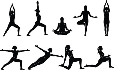 Yoga poses silhouette, meditation vector illustration, fitness exercise icons, wellness lifestyle design, balance and flexibility, spiritual practice, healthy body concept