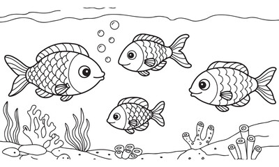 Cute underwater cartoon fish family line drawing