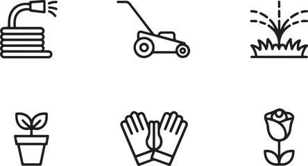 A clean, minimalist collection of line icons representing essential gardening tools, plants, and outdoor maintenance activities, ideal for modern design projects with a horticultural theme