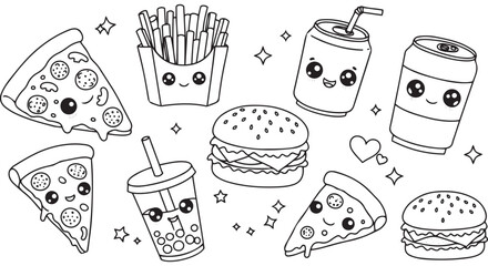 Cute kawaii fast food doodles set in line art